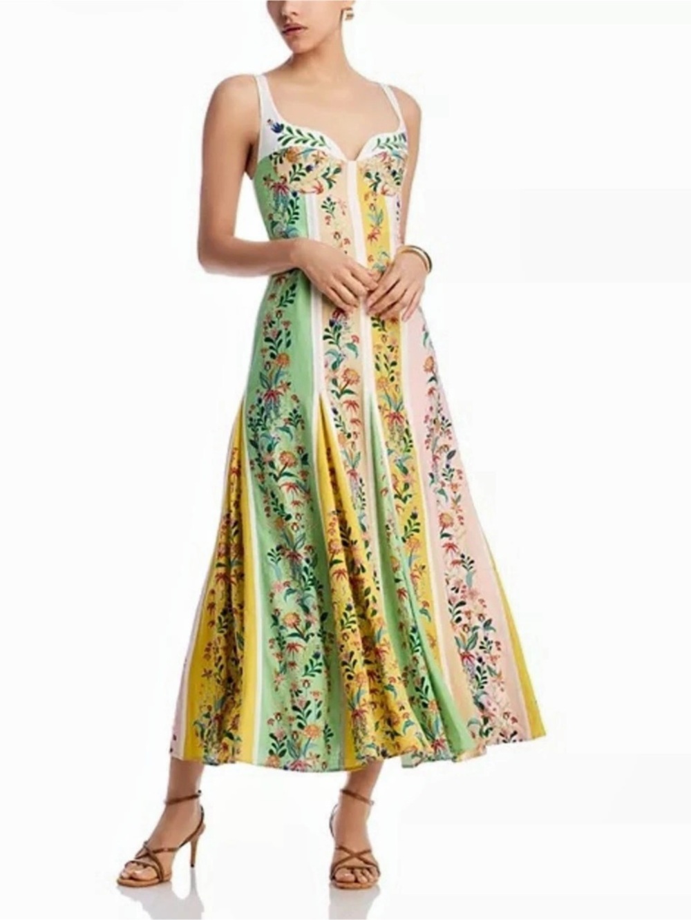 Farm Rio Pink Palm Tree Stripes Cutwork Midi Dress Green & Yellow Small